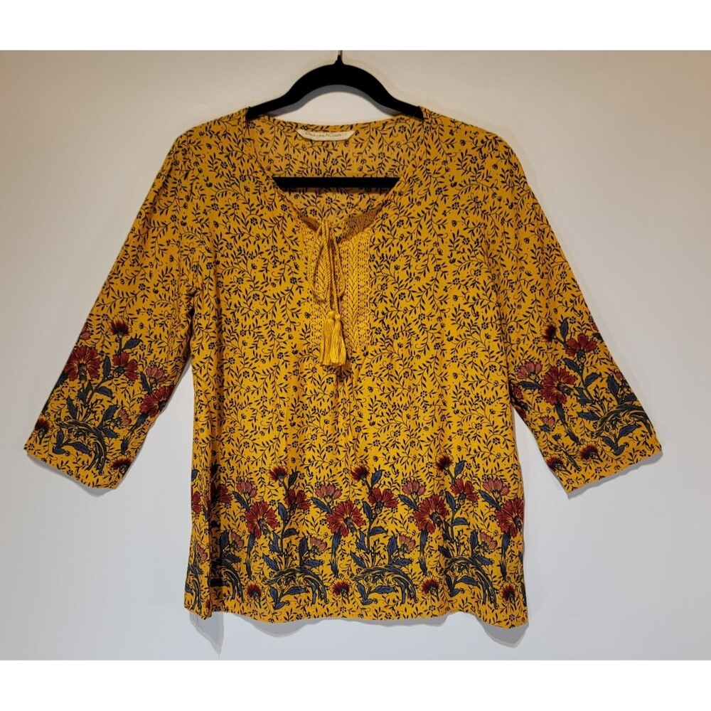 Denim Jeans & Casuals Mustard Yellow Floral Lace Trim Boho Tunic‎ Top - Size L
